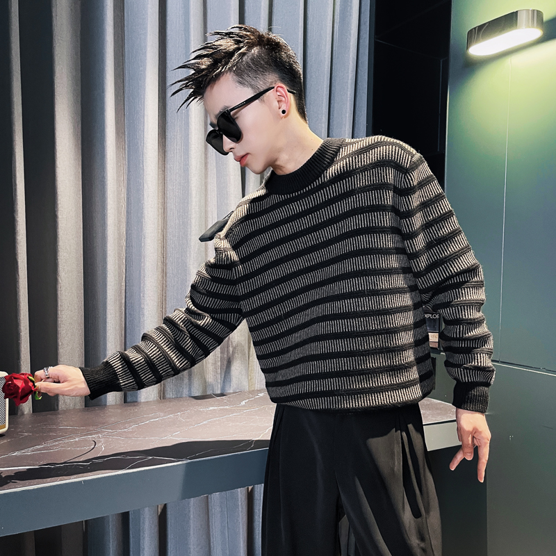E260-P85控115设计高级感保暖百搭条纹男士针织衫打底衫复古黑，男装T恤，电商A208
