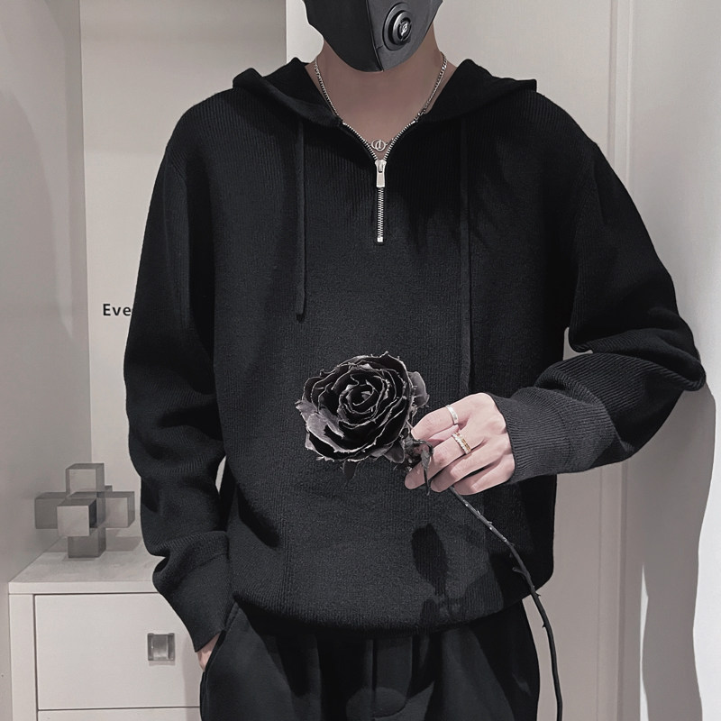 E237-P98控138设计高级感百搭套头连帽纯色男士针织羊毛衫黑，男装针织衫/毛衣，电商A208