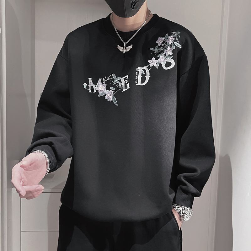 Q53-P78控108设计高级感百搭套头重磅圆领印花休闲美食卫衣T恤黑，男装T恤，电商A208