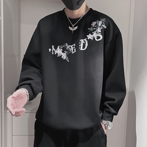 Q53-P78控108 设计高级感百搭套头重磅圆领印花休闲美食卫衣T恤黑，男装T恤，电商A208