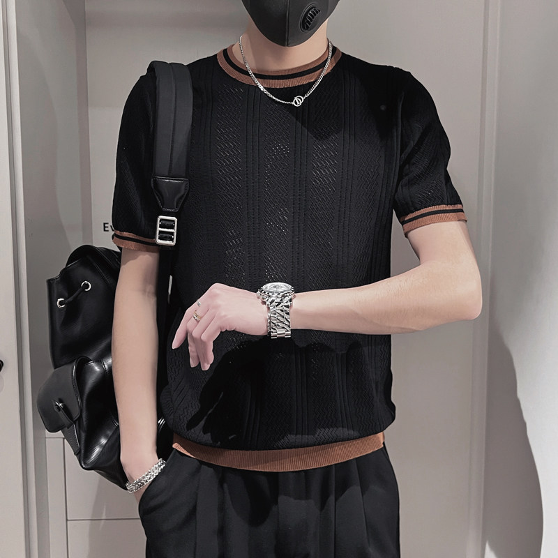DT66-P58控78夏季男士短袖套头针织衫休闲百搭设计感条纹T恤白,男装T恤,电商A208