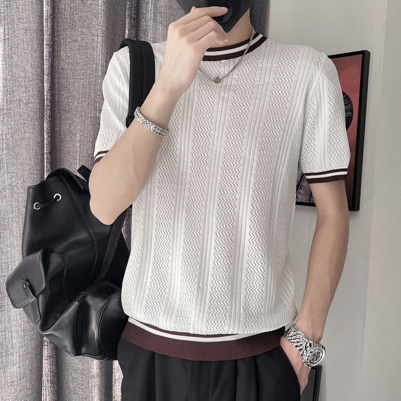 DT66-P58控78夏季男士短袖套头针织衫休闲百搭设计感条纹T恤白,男装T恤,电商A208