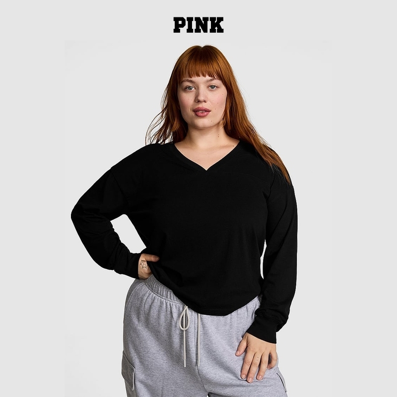 维多利亚的秘密 PINK 棉质V领宽松休闲长袖T恤女新款夏