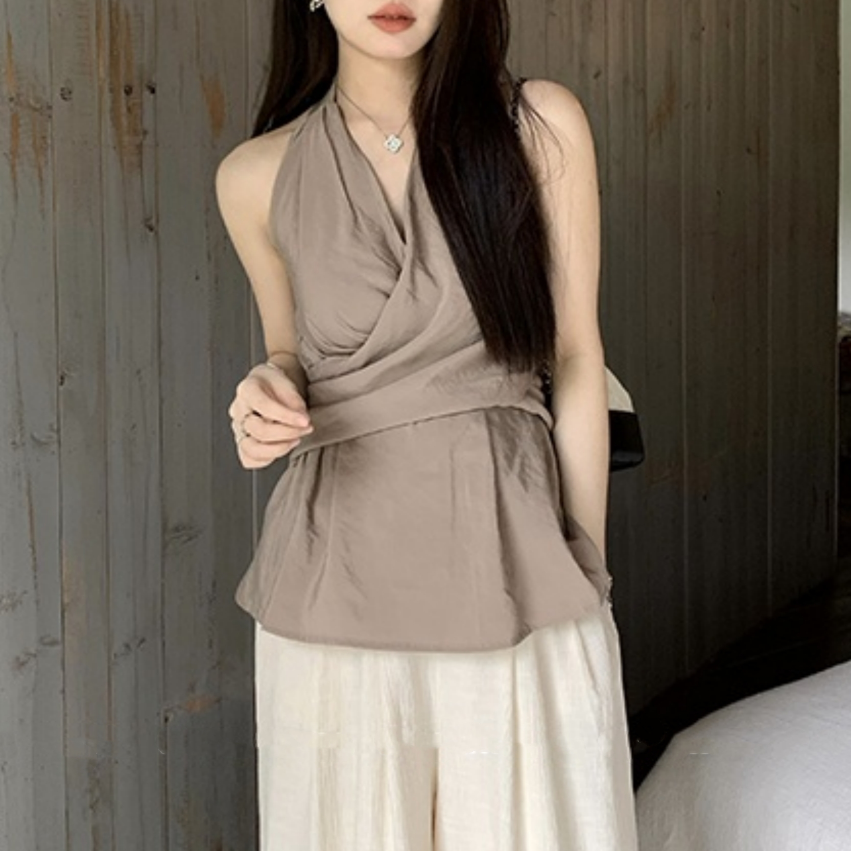 法式露背休闲v领挂脖吊带背心女