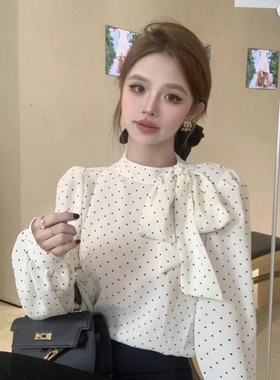 法式复古蝴蝶结波点泡泡袖衬衫女春秋季外穿休闲内搭宽松气质上衣