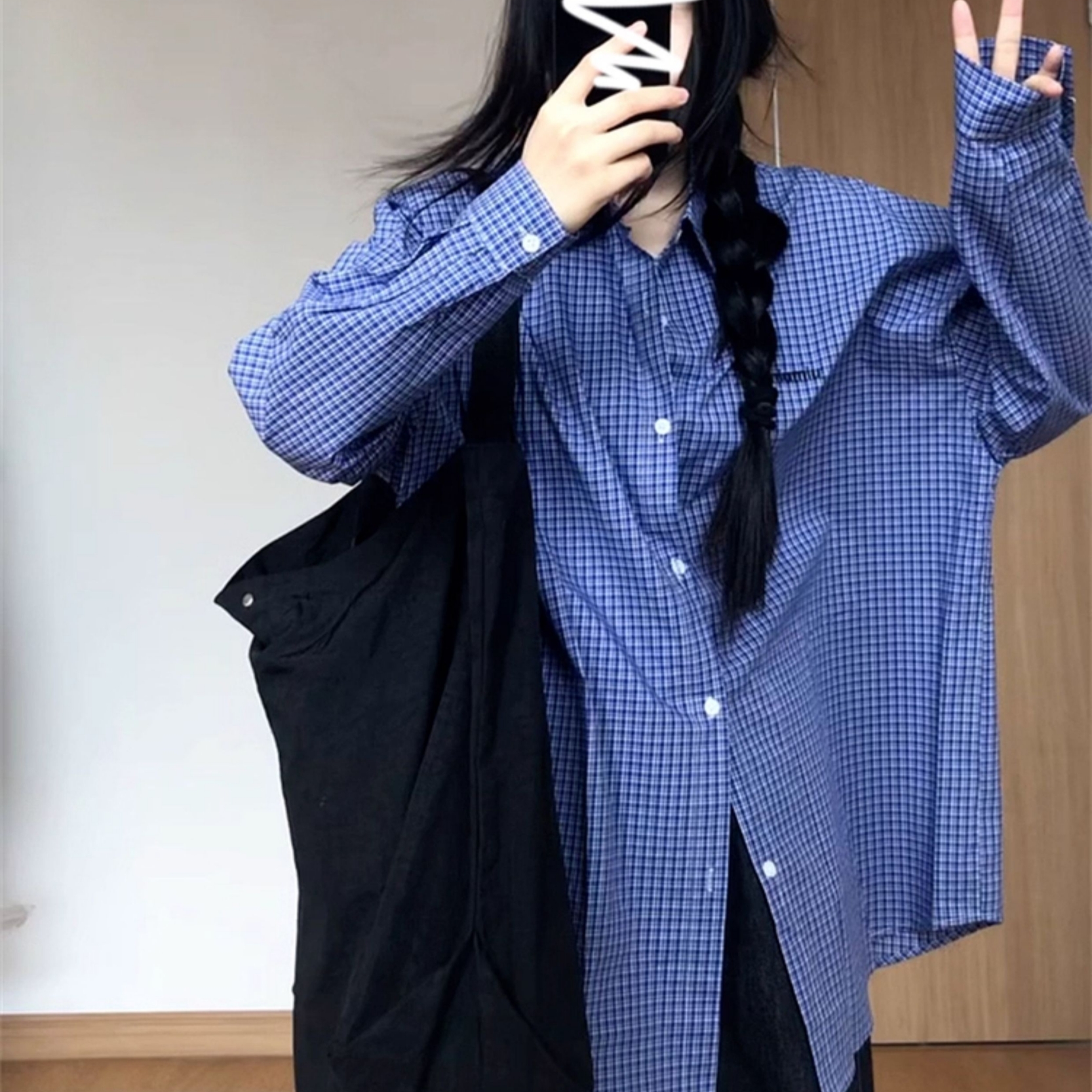 美式复古格纹蓝色休闲长袖衬衫上衣女春秋季叠穿内搭宽松格子外套