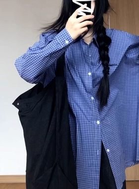 美式复古格纹蓝色休闲长袖衬衫上衣女春秋季叠穿内搭宽松格子外套