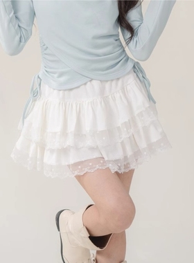 法式芭蕾风蝴蝶结蕾丝花边蓬蓬蛋糕短裙女夏季春秋内搭a字半身裙