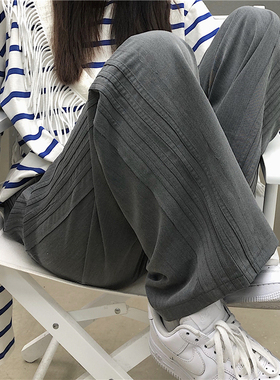 春秋潮ins韩版侧边条纹休闲西装裤子女拖地宽松直筒学生阔腿长裤