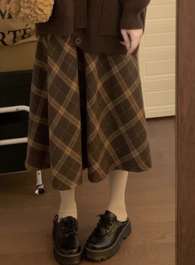 美式复古棕色毛呢格子纹裙子女春秋季高腰显瘦A字裙中长款半身裙