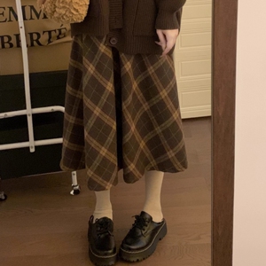 美式复古棕色毛呢格子纹裙子女春秋季高腰显瘦A字裙中长款半身裙