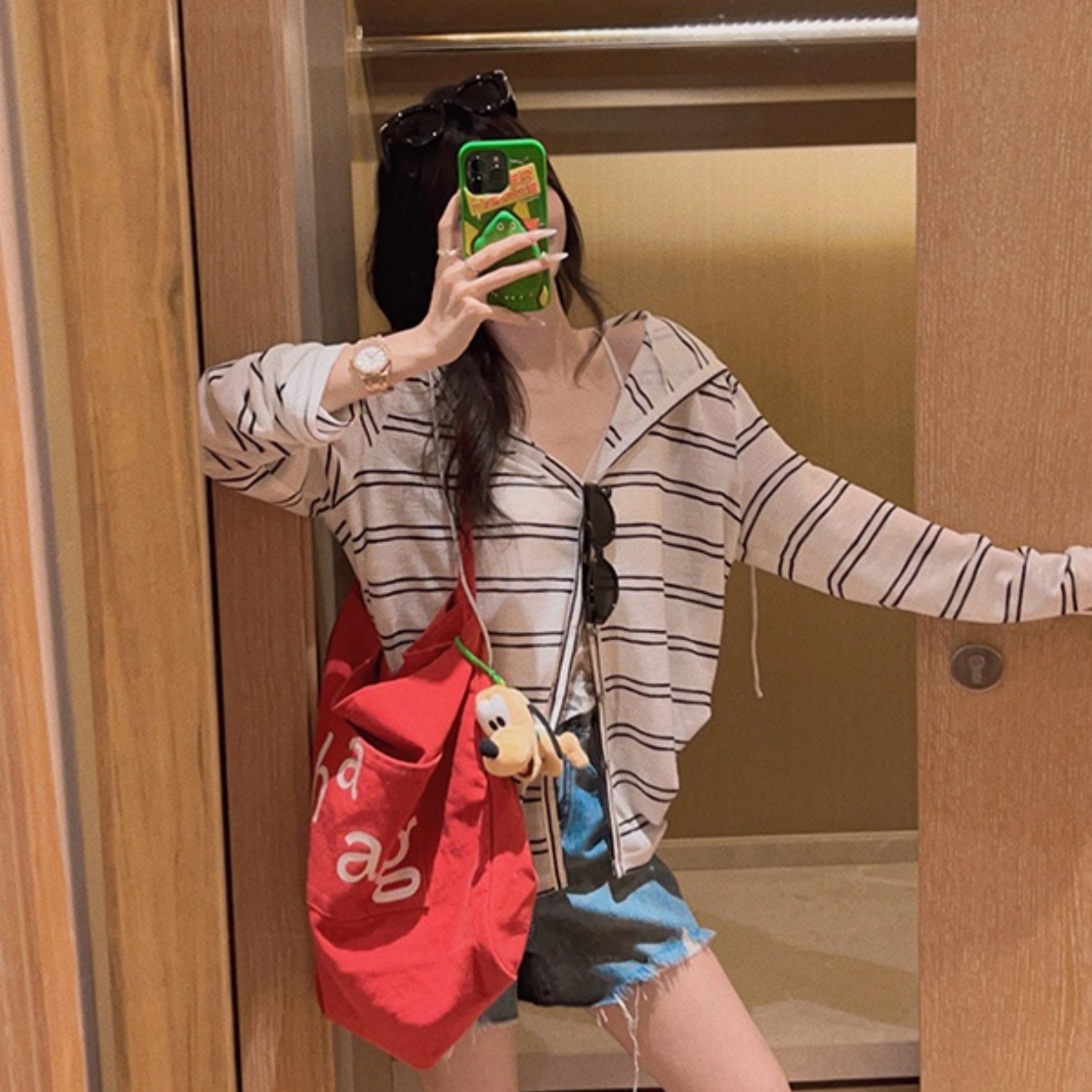 韩系休闲长袖连帽条纹开衫上衣女