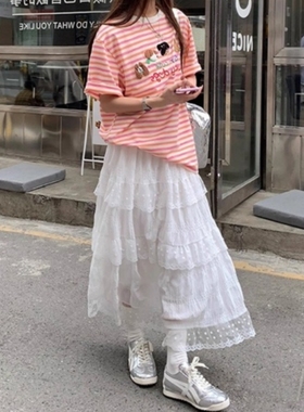 法式蕾丝花边蓬蓬裙休闲蛋糕裙子女春秋夏季高腰宽松中长款半身裙