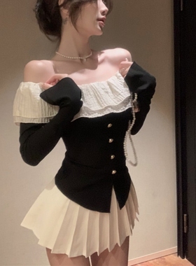 法式复古荷叶边一字肩喇叭袖打底衫女春秋装收腰气质内搭短款上衣