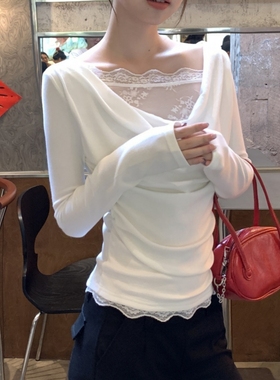 法式纯欲蕾丝花边荡领长袖T恤打底衫女春秋季假两件修身内搭上衣
