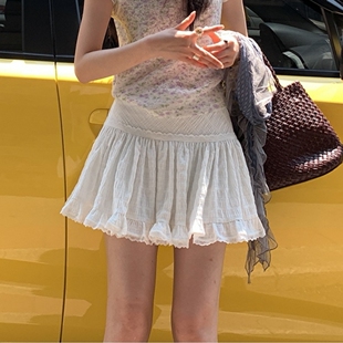 白色蓬蓬半身裙裤 法式 休闲芭蕾风蕾丝花边A字短裙女春秋内搭夏季
