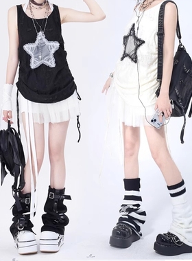 美式辣妹星星无袖吊带背心女夏季ins外穿宽松显瘦设计感抽绳上衣