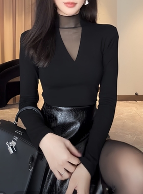法式纯欲风辣妹性感网纱长袖打底衫女春秋季外穿修身内搭V领上衣