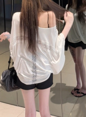 韩版露肩后背蕾丝长袖防晒斗篷T恤女春夏季外搭休闲宽松罩衫上衣