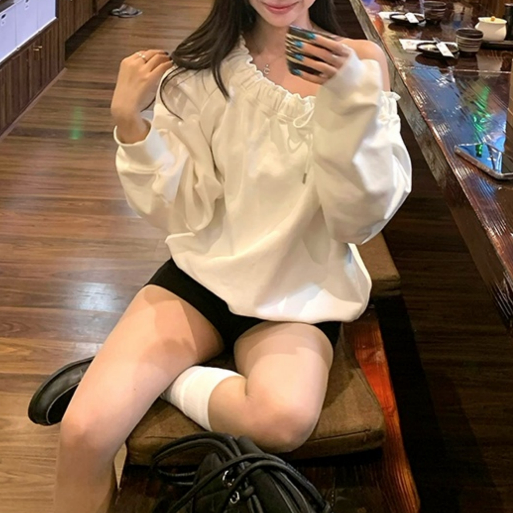 韩版斜肩抽绳卫衣女春秋季薄款