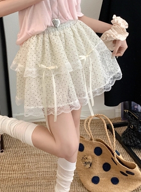 法式复古蕾丝花边休闲蓬蓬半身裙蛋糕裙女春夏季波点高腰A字短裙