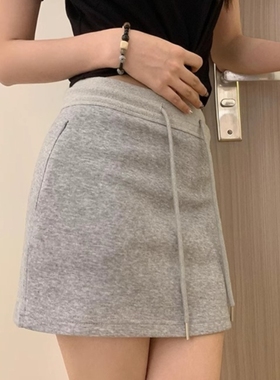 韩版运动灰色包臀小短裙女春夏季内搭修身抽绳休闲半身裙打底裤裙