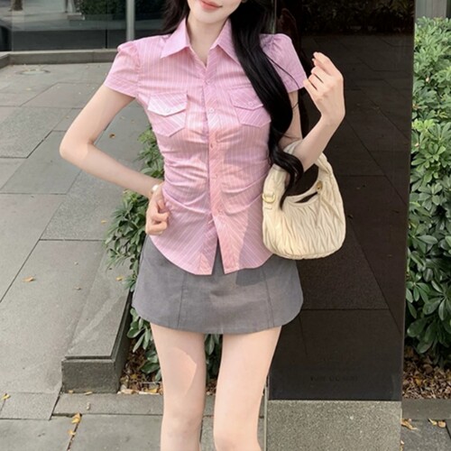 韩系美式复古粉色条纹设计感衬衫