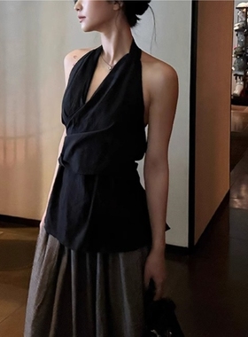 法式复古休闲挂脖收腰显瘦无袖黑衬衫女春秋内搭夏季露背外穿上衣