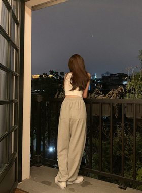 韩版灰色高腰阔腿休闲卫裤女夏学生宽松束脚春秋薄款直筒运动裤子