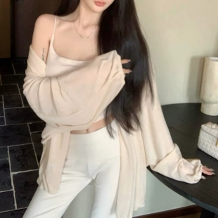 韩系冰丝休闲针织开衫女外搭披肩春秋夏季薄款中长款罩衫外套上衣