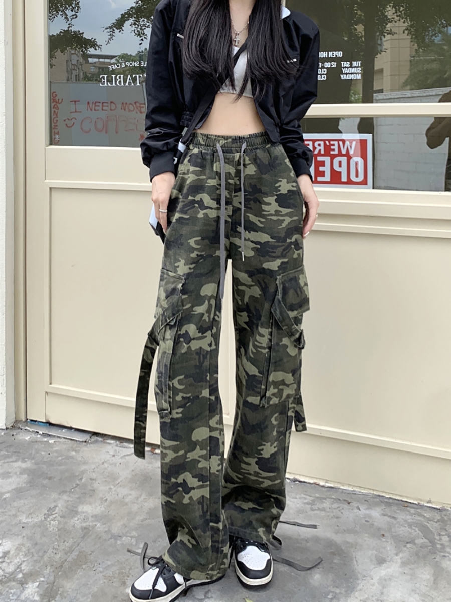 美式复古迷彩抽绳牛仔长裤女秋冬