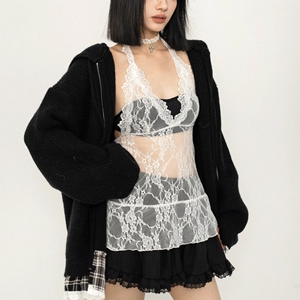 美式辣妹叠穿微透蕾丝v领绑带吊带背心女春秋装夏季内搭打底上衣