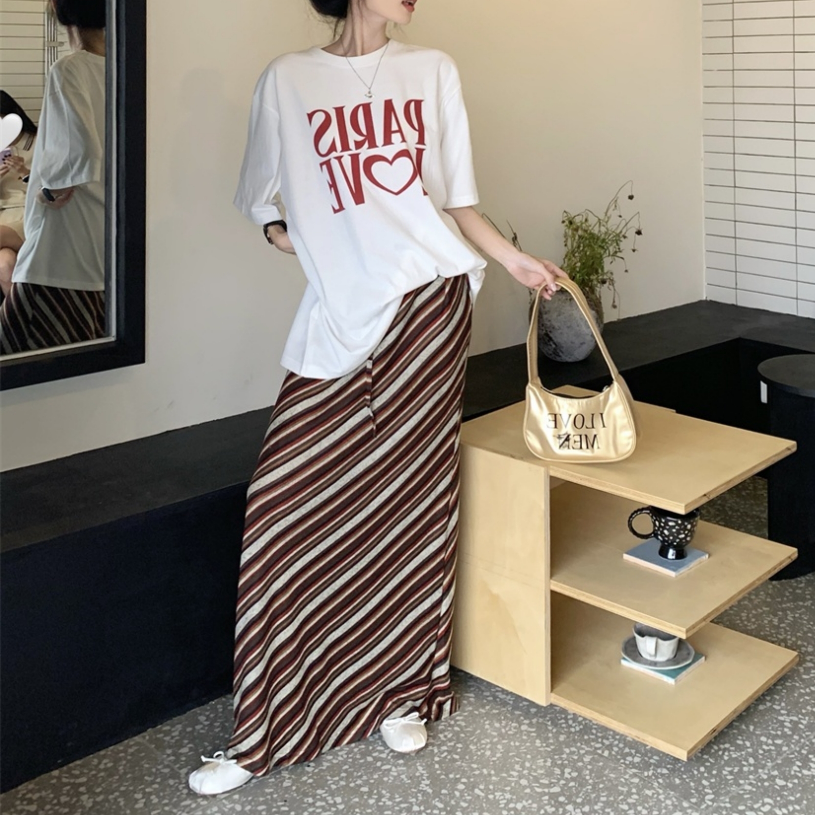 美式休闲复古斜条纹A字半身裙女