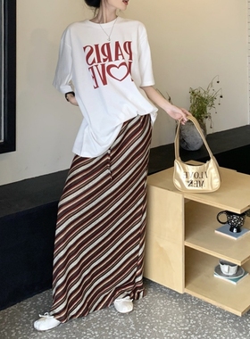 美式休闲复古斜条纹A字半身裙女春秋季外穿内搭松紧腰宽松长裙子