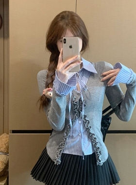 法式木耳边条纹长袖衬衫上衣女春秋季内搭假两件纯欲修身针织开衫