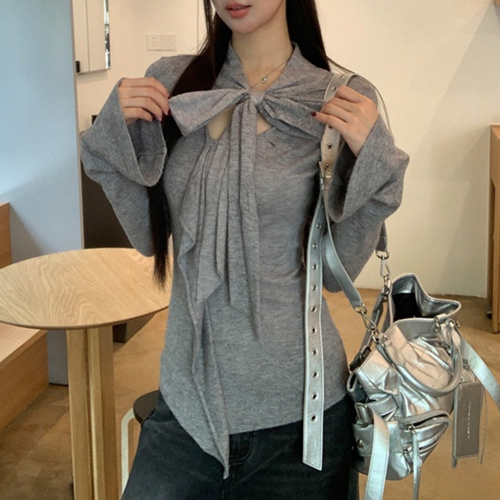 法式荷叶边蝴蝶结长袖T恤打底衫