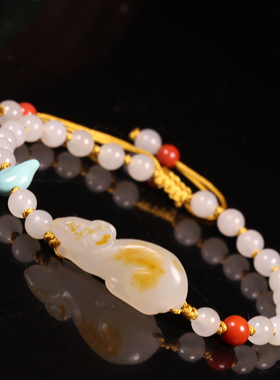 惹石和田白玉籽料生肖鼠手串苏工