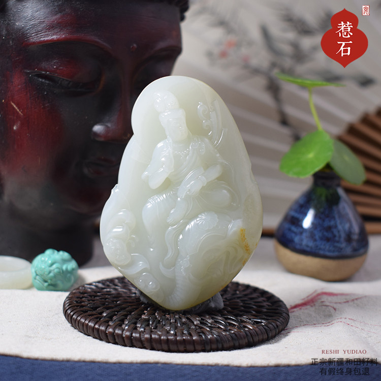 苏工骨雕新疆和田籽料普贤观音菩萨男挂件原石独籽摆件(结缘）