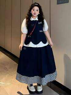 胖mm巨显瘦三件套 大码 定制女装 娃娃领上衣半身裙两件套夏季 新款