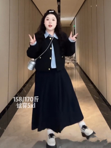 程小姐 大码韩系小香赫本风黑色外套减龄衬衫百褶裙女秋季三件套
