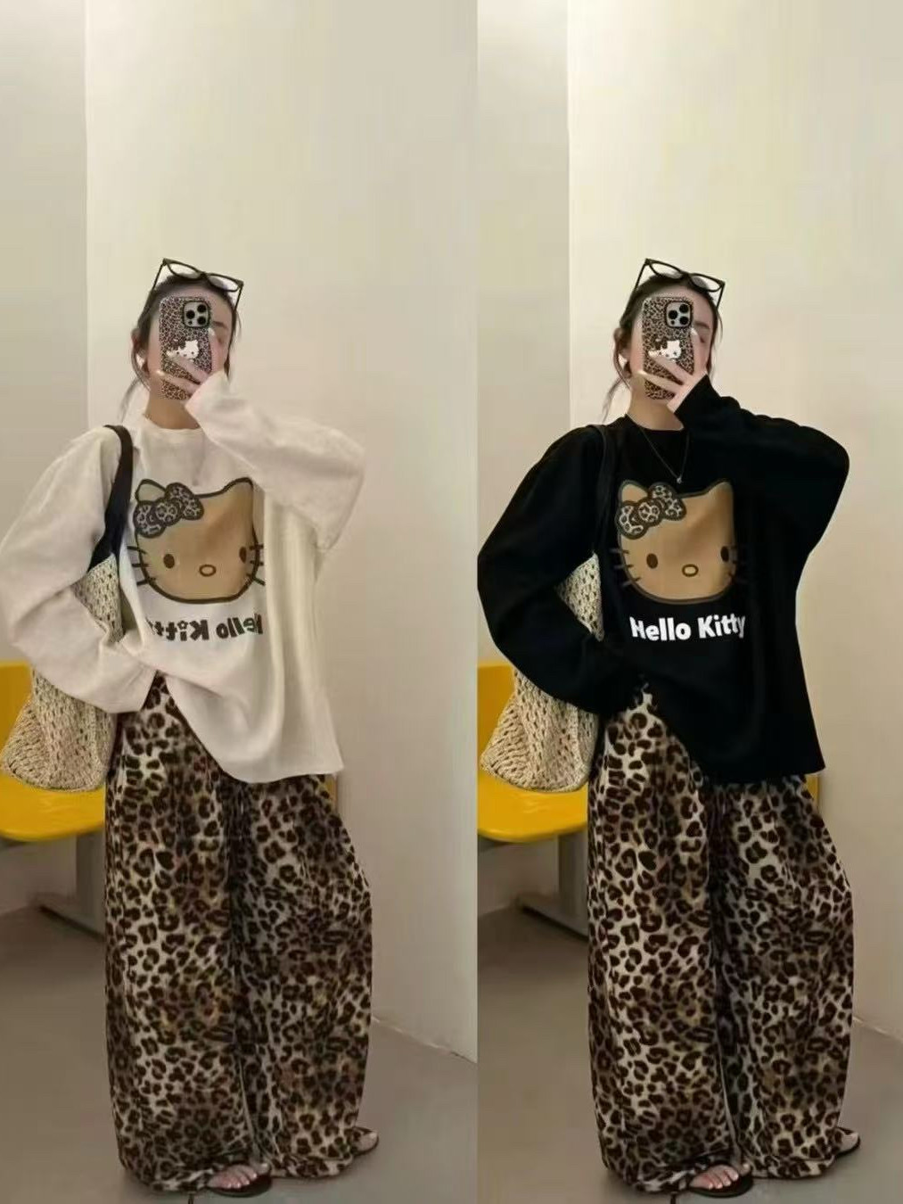 程小姐大码定制2026早秋宽松休闲豹纹裤kitty印花长袖防晒T恤套装