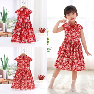 夏季儿童旗袍裙中国风改良中大女童连衣裙碎花公主裙子新年拜年服