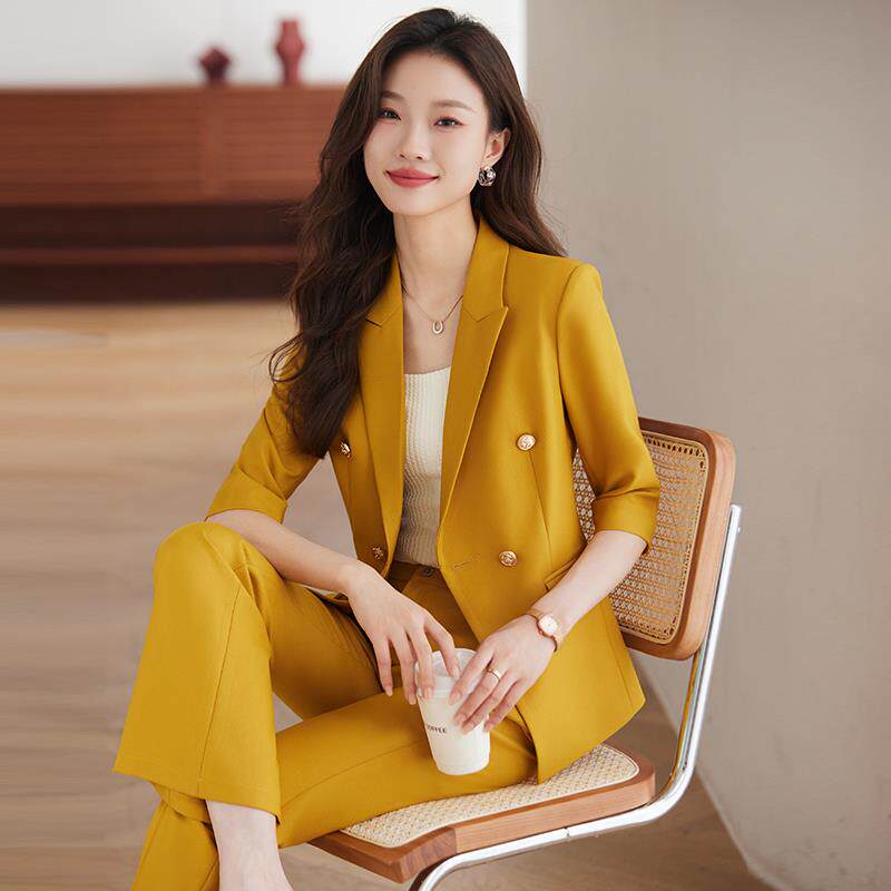 黄色西装套装女2024春夏薄款七分袖高端职业工作服女神范西服外套
