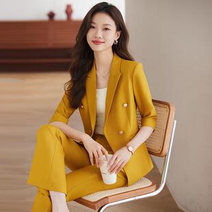 黄色西装套装女2024春夏薄款七分袖高端职业工作服女神范西服外套