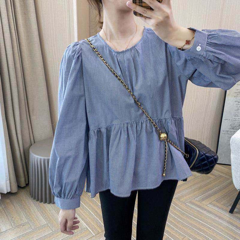 格子圆领泡泡袖蓝色娃娃衫宽松长袖上衣夏薄款衬衫女设计感小众