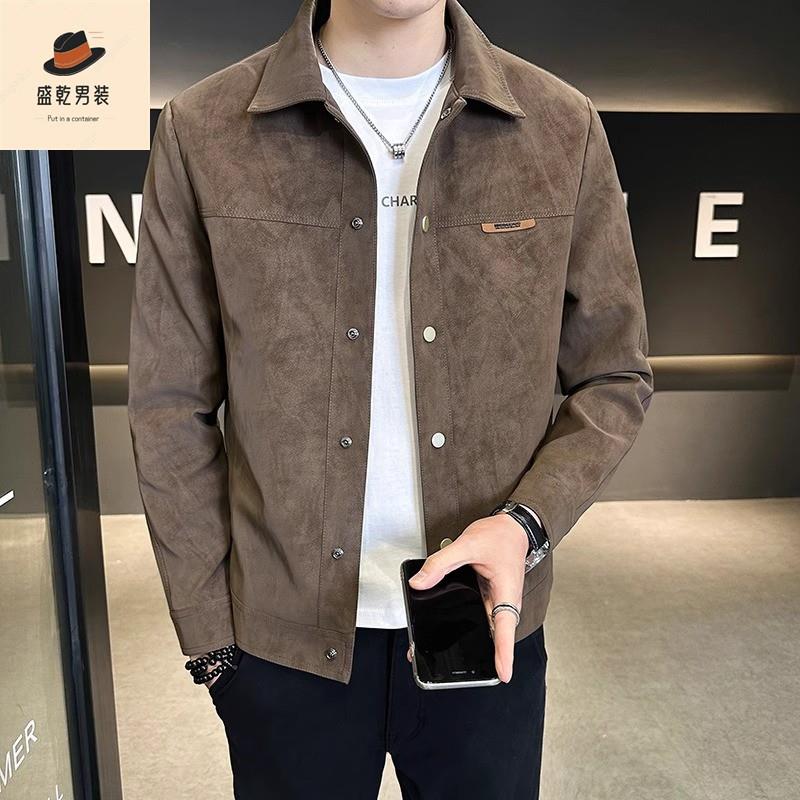 麂皮绒夹克外套男2025新款春秋季潮流翻领高端男士休闲韩版上衣服