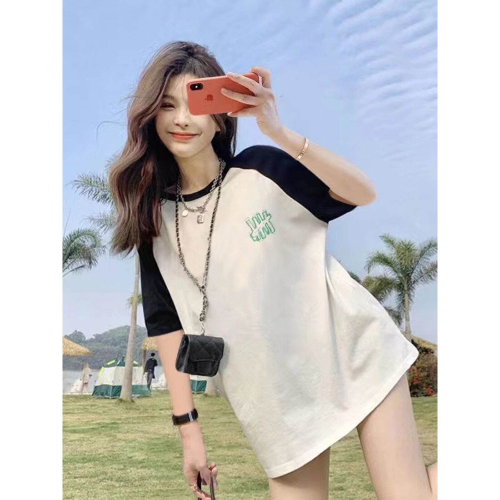 圆领正肩插肩短袖t恤女春夏美式宽松中长版下衣失踪撞色T恤上衣