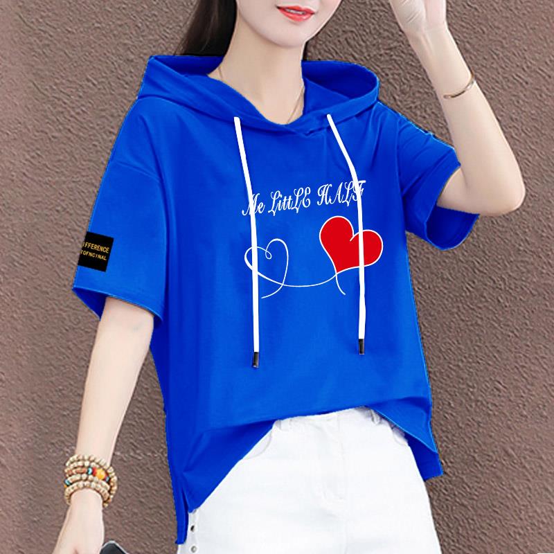 韩国克莱因蓝纯棉短袖T恤女连帽2025夏季新款大尺码宽松百搭上衣