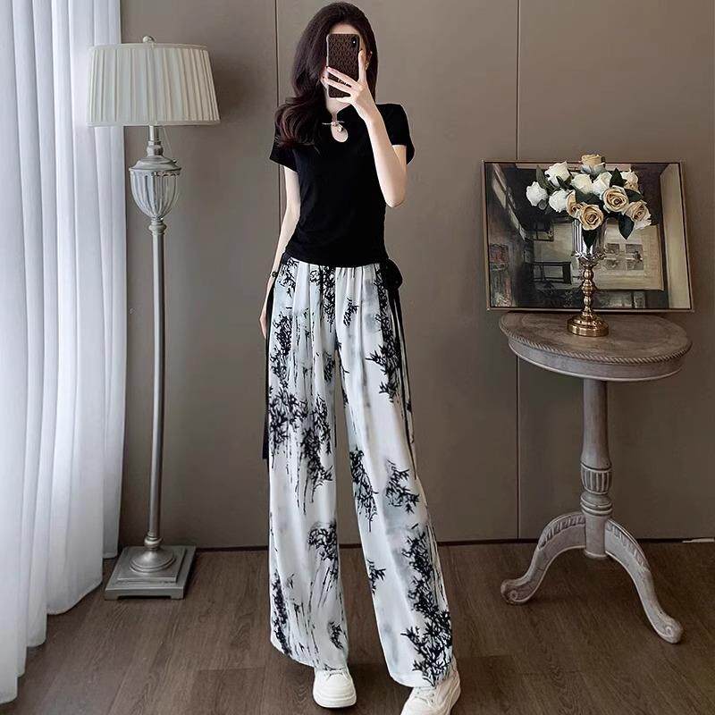 香港高级感复古休闲运动套装女夏款时尚短袖t恤水墨阔腿裤两件套