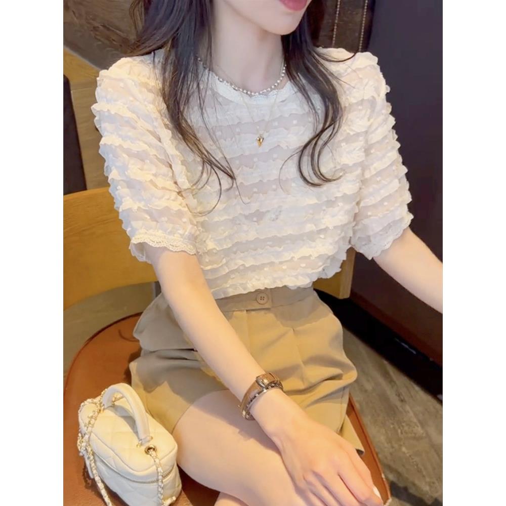 欧洲站雪纺衫2025新款女短款小个子蕾丝上衣女法式高级感泡泡袖潮